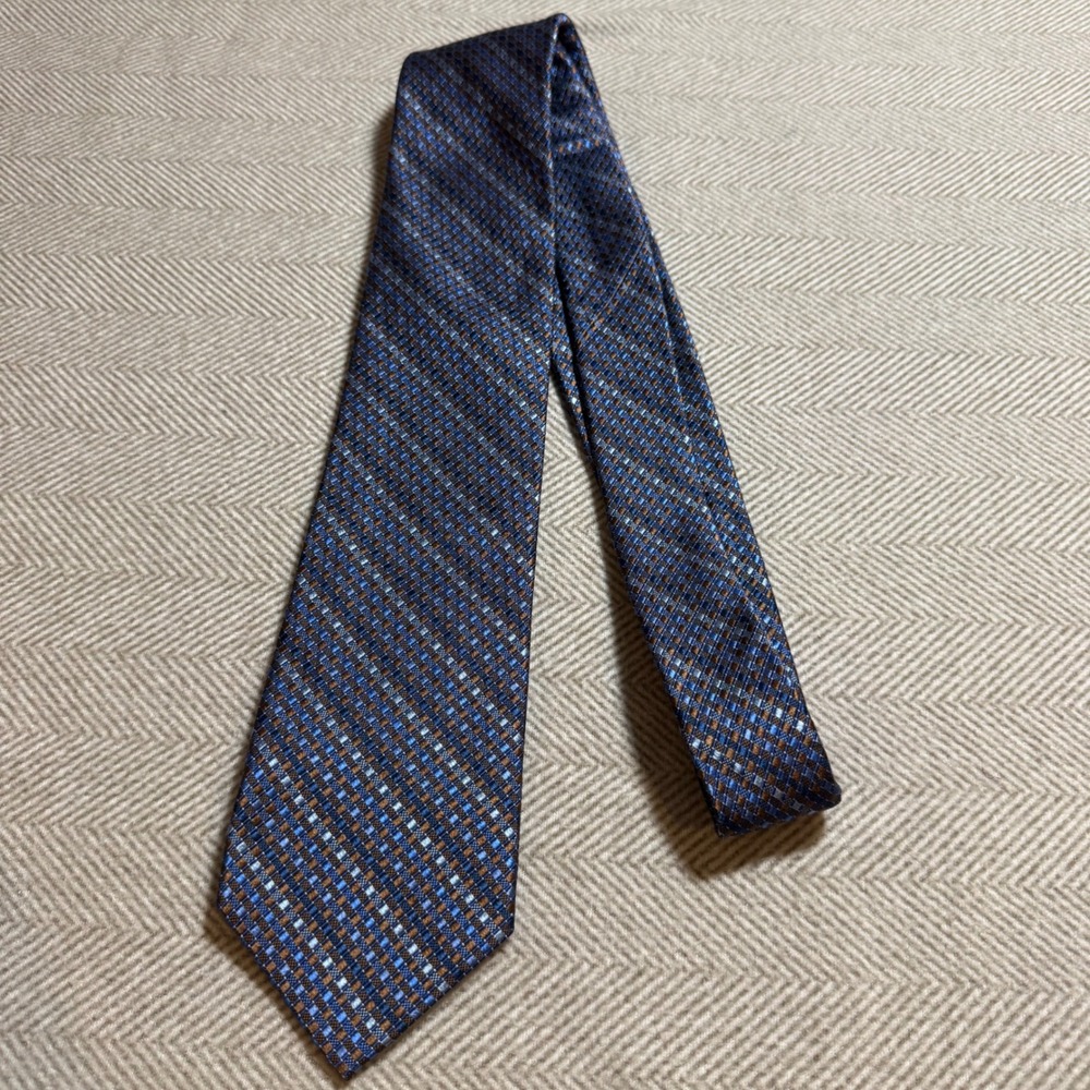 Bruno Piattelli Roma Mens Silk Tie Blue Bronze Geometric Check Handmade Italy